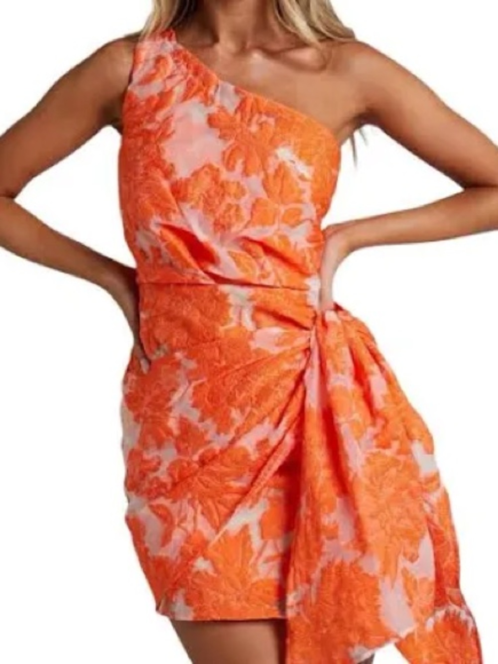 Reverse One Shoulder Orange Floral Side Tie Knot Jacquard Mini Dress Size 10